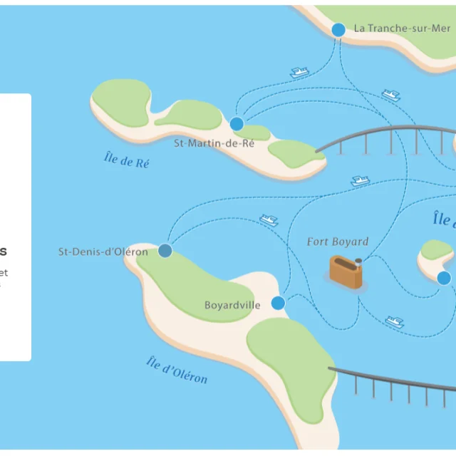 Carte des itinéraires de croisières inter-îles entre Ré, Oléron et Aix.