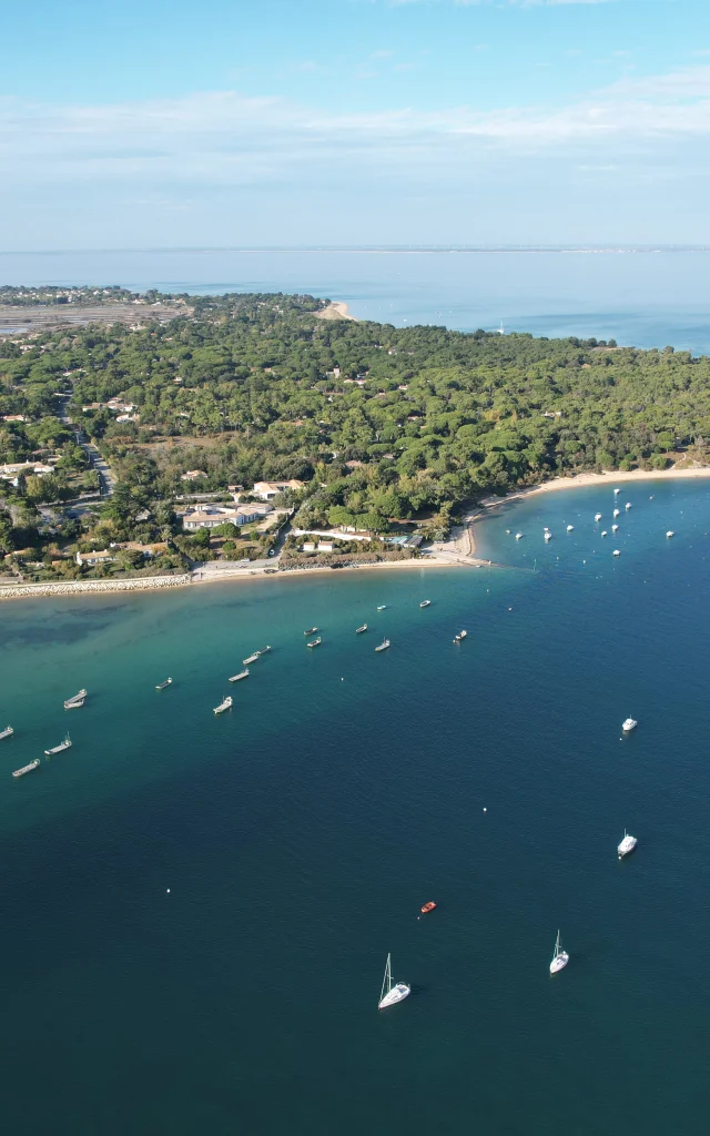 Vue aérienne d'une plage aux eaux turquoises avec quelques petits bateaux et la forêt derrière