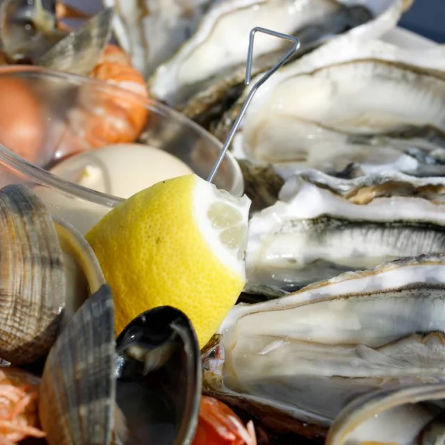 Assiette de fruits de mer avec des huîtres, moules, et coquillages.