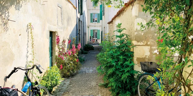 Petite rue fleurie avec des vélos stationnés à Saint-Martin.