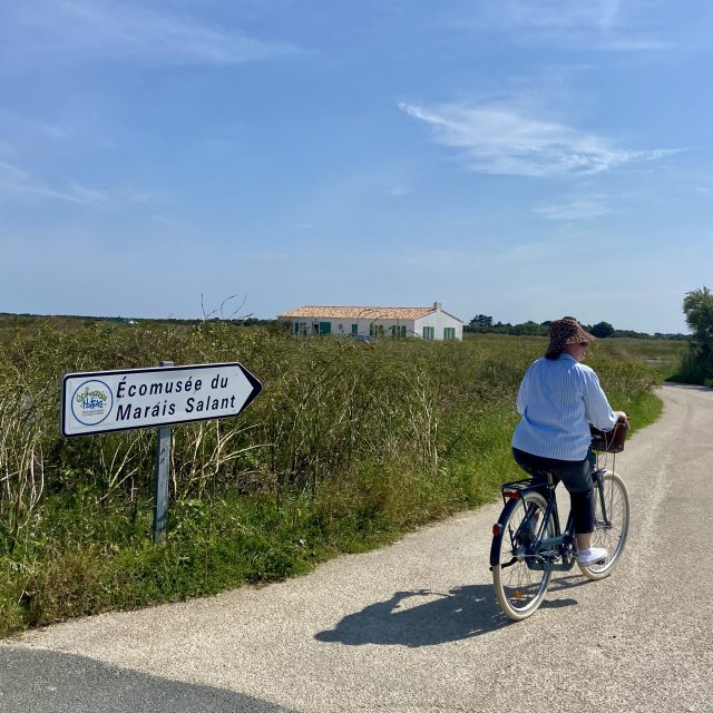 Une personne à vélo sur une route menant à l'écomusée du marais salant.