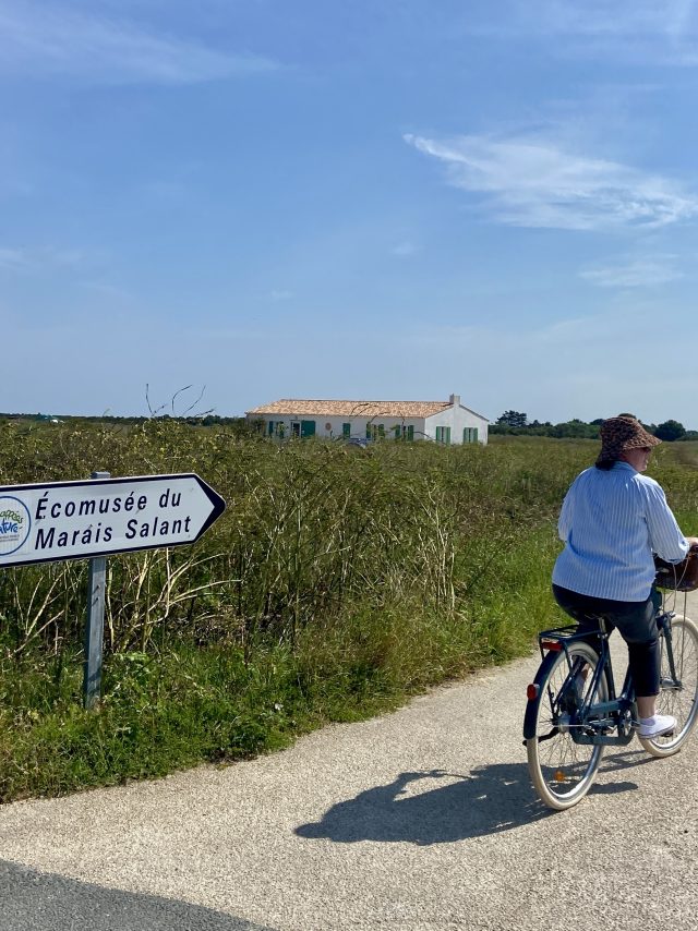 Une personne à vélo sur une route menant à l'écomusée du marais salant.