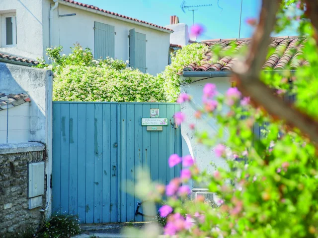 Portail bleu devant une maison avec des fleurs blanches.