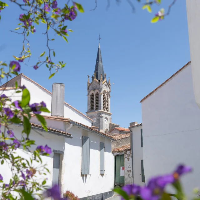 Clocher de l'église vu depuis une rue de La Couarde-sur-Mer avec des fleurs au premier plan.