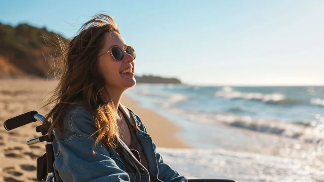 Femme souriante en fauteuil roulant sur la plage.