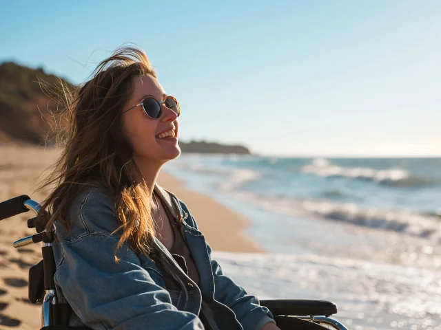 Femme souriante en fauteuil roulant sur la plage.