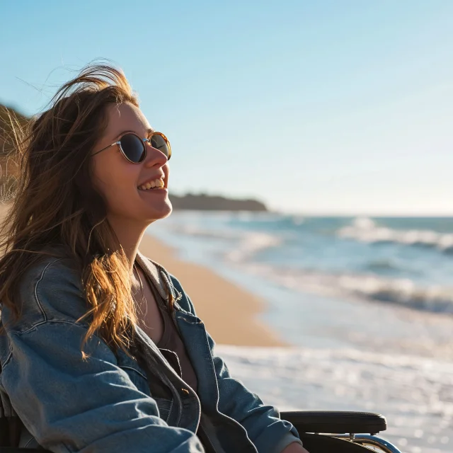 Femme souriante en fauteuil roulant sur la plage.