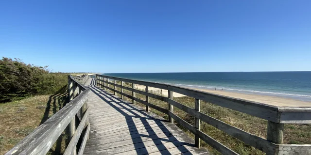 Promenade en bois longeant la côte avec vue sur la plage et la mer.