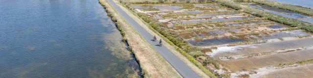 Vue aérienne de la piste cyclable longeant les marais à Ars-en-Ré