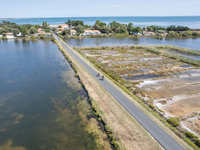 Vue aérienne de la piste cyclable longeant les marais à Ars-en-Ré