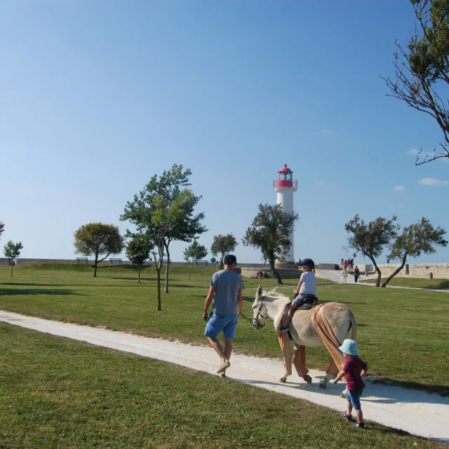 Personnes se promenant dans le parc de la Barbette avec ses enfants sur le dos d'un âne.