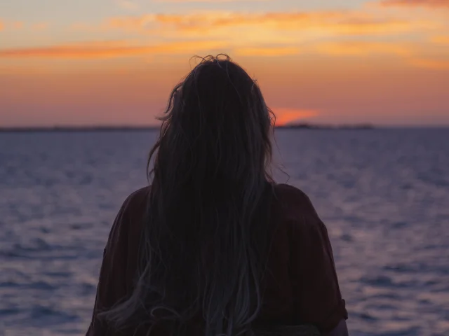 Silhouette regardant un coucher de soleil sur la mer.