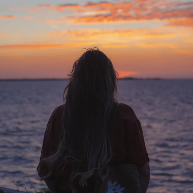 Silhouette regardant un coucher de soleil sur la mer.