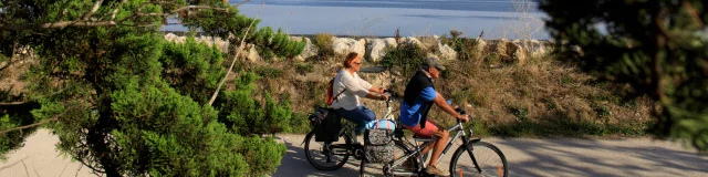 Un couple à vélo sur une piste entourée de verdure à La Couarde.