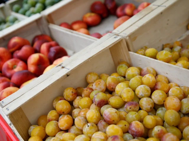 Caisse en bois avec divers fruits colorés d’un marché de l'île de Ré