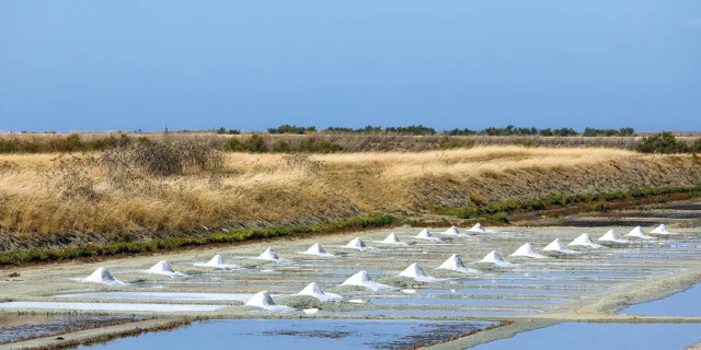 Vue des marais salants avec des tas de sel.