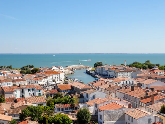 Vue aérienne des toits de Saint-Martin-de-Ré avec la mer à l'horizon.