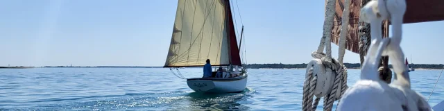 Un voilier naviguant sur une mer calme de l'île de Ré sous un ciel bleu.