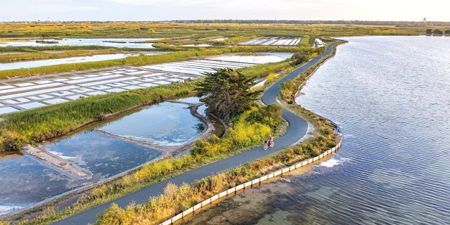 Personnes faisant du vélo le long des marais salants.