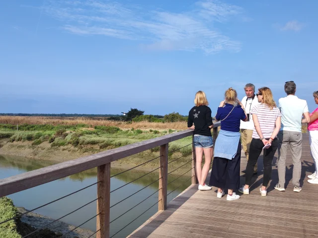 Un groupe de personnes lors d'une visite guidée sur une passerelle dans la réserve naturelle.