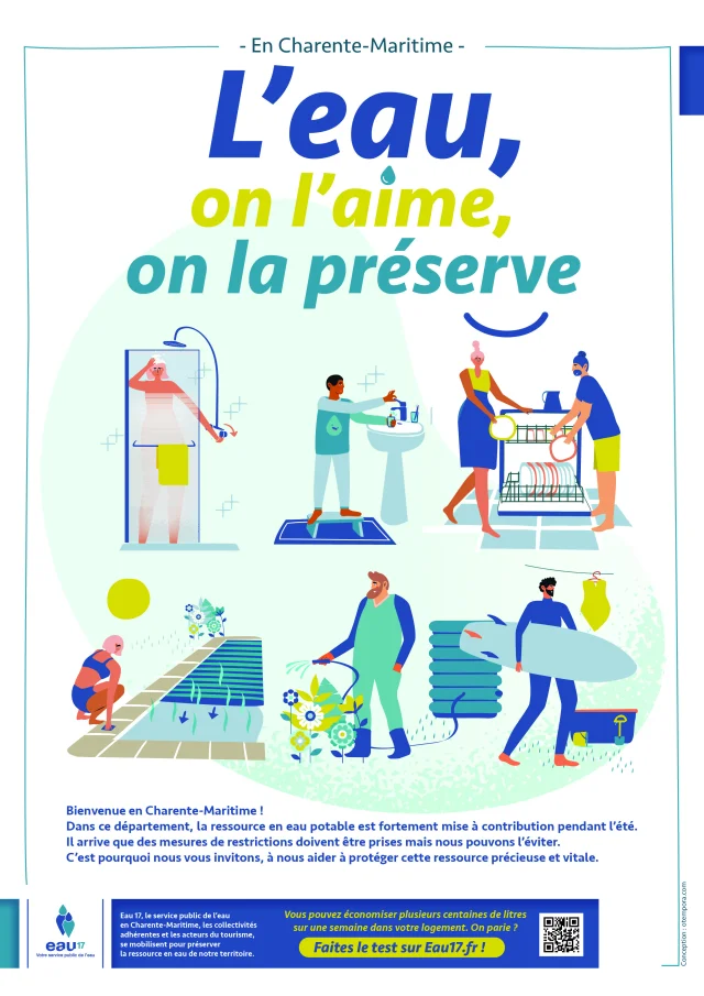 Affiche avec le slogan 'L'eau, on l'aime, on la préserve' illustrant des gestes pour économiser l'eau.