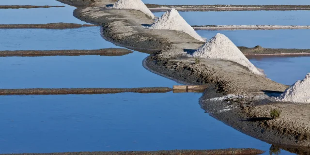 Pyramides de sel alignées sur un marais salant