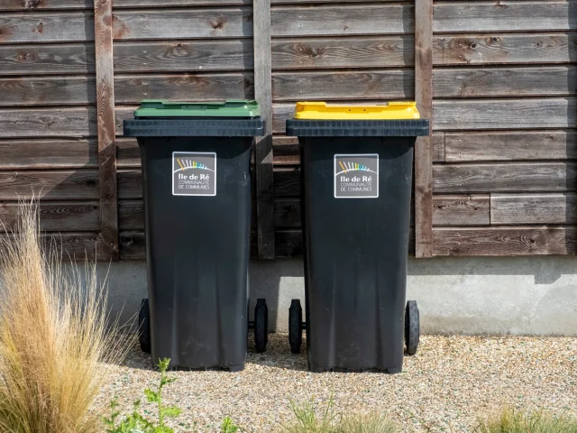 Deux poubelles de tri sélectif, une jaune et une verte, devant un mur en bois.