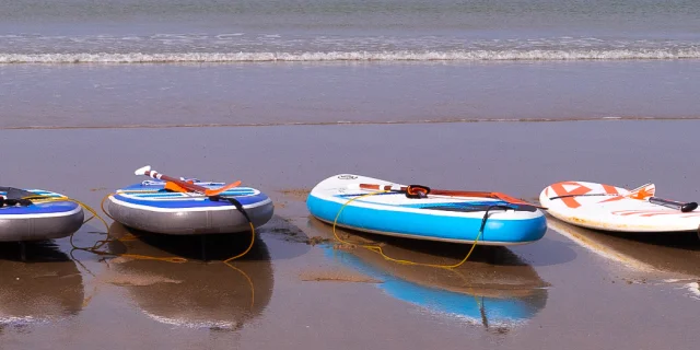 Plusieurs kayaks colorés alignés sur le sable, prêts pour une activité nautique.